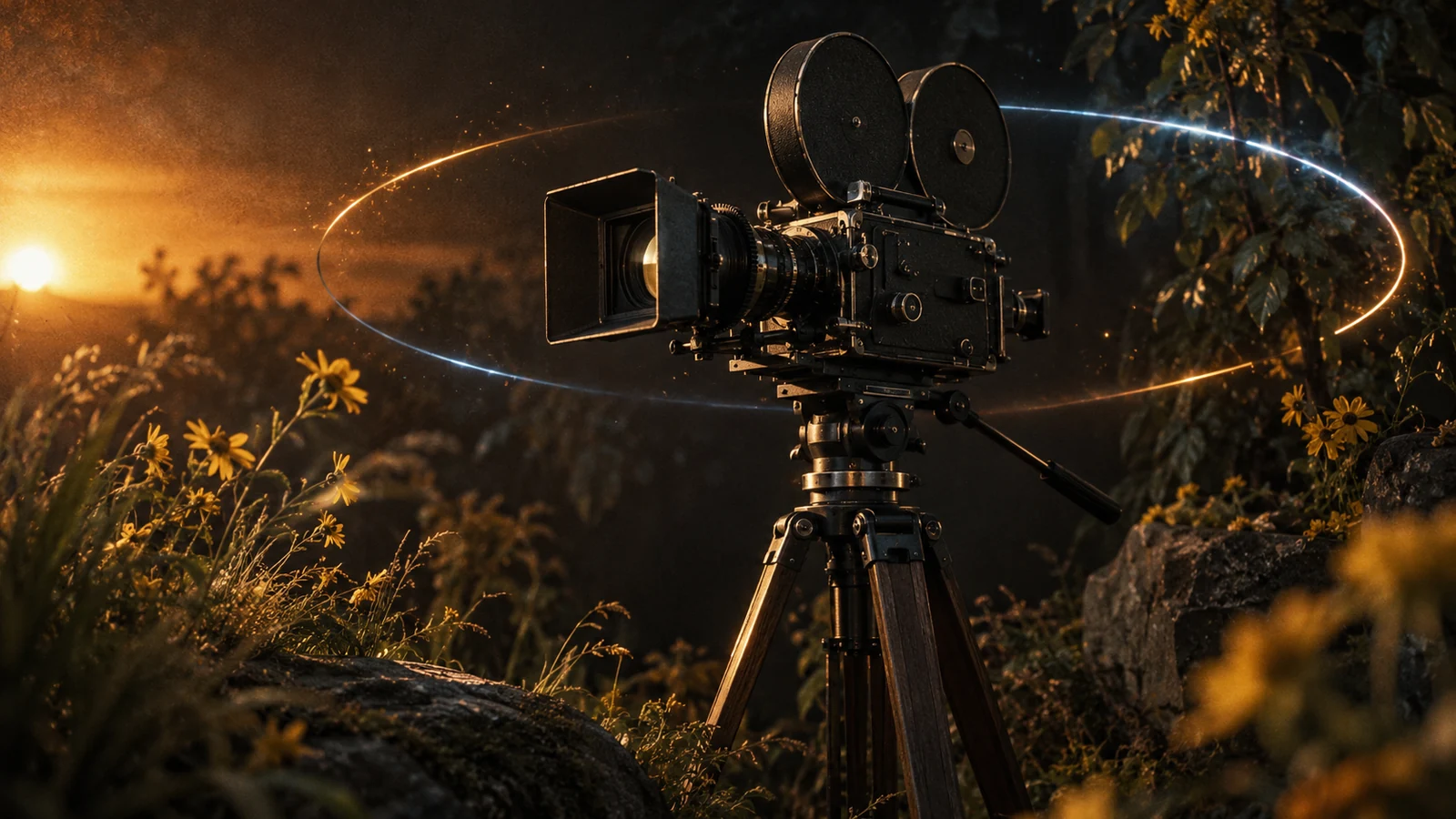 كاميرا سينمائية ثابتة على حامل بين نباتات طبيعية ودوائر ضوء متوهجة